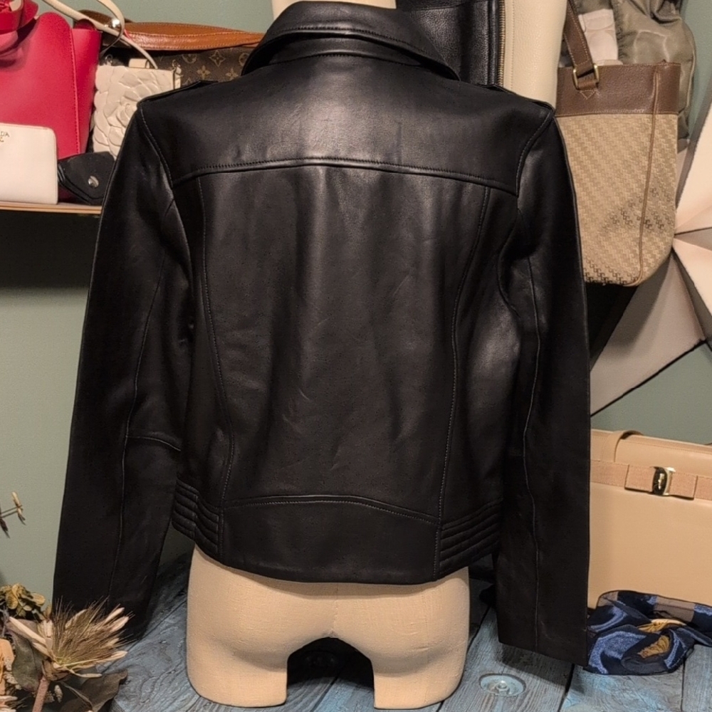 Nwt Tommy Hilfiger Black Leather Biker Jacket India Dress Club 46 US 14 - Picture 5 of 16